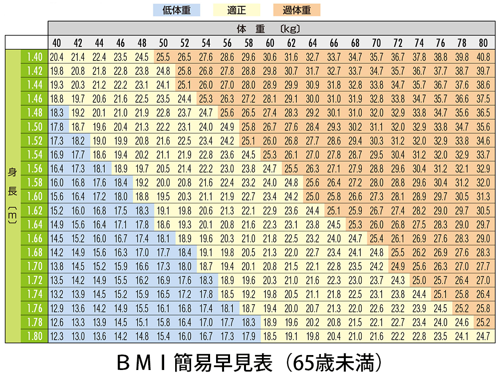 ＢＭＩ簡易早見表（65歳未満）